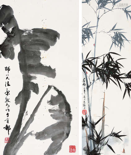 康默如 马瑔（b.1957） 芭蕉 竹 立轴 水墨纸本/设色纸本