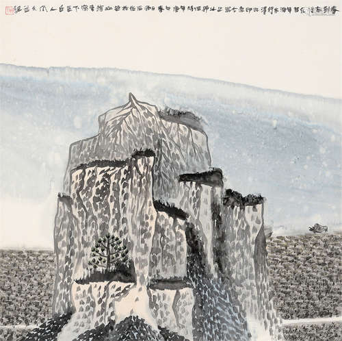 李明久（b.1939） 庚午（1990年）作 春到山行 立轴 设色纸本