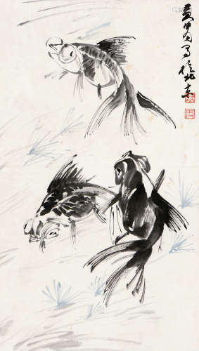 黄胄（1925～1997） 鱼乐 立轴 水墨纸本