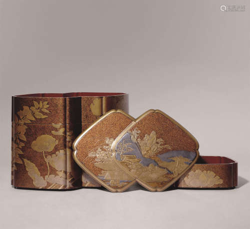 明治时期 莳绘山水楼阁花卉纹四重盒