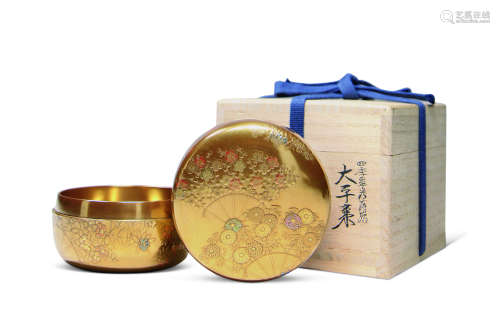 明治时期 金莳绘花扇茶盒