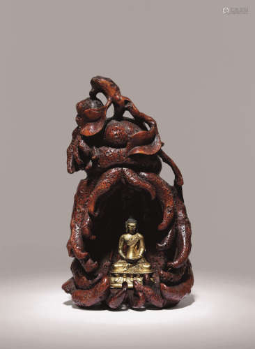 十八世纪 竹雕佛手连鎏金小佛龛