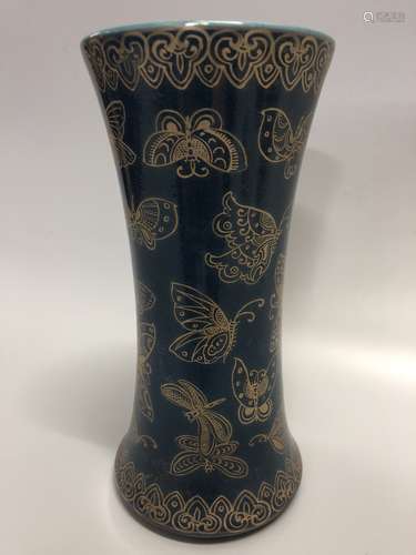 Qianlong Mark, A Blue Glazed and Gilt Gu Vase