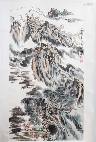 SCROLL OF MOUNTAIN PAITING SIGNED LUYANSHAO