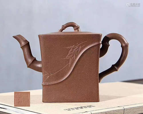 A YUXING SQUARE ZISHA TEAPOT WITH ZHOUGOUFANG MARK