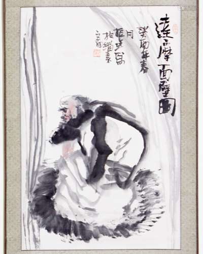 SCROLL OF BODHIDHARMA PAINING SIGNED ZHENG TING