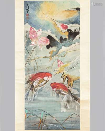 SCROLL OF FISH PAINTING SIGNED YANG, SHANSHEN