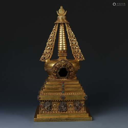 Gilt Bronze Stupa with Stone Inlay and Inscription