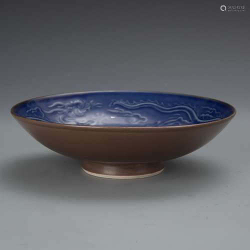 Blue and Brown Glazed Porcelain Dragon and Flower Bowl