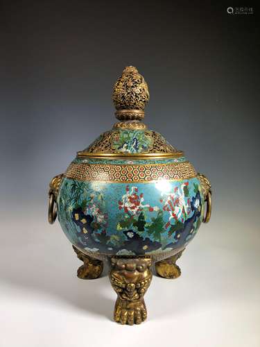 Large Cloisonne Enamel Tripod Censer, Qianlong Mark