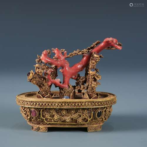 Antique Gold Ornate Flowerpot with Coral and Gem Inlay