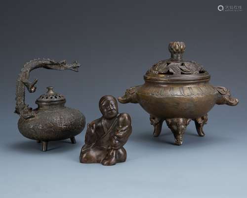 Estate Sale: 3pc Set of Bronze Censer and Figure