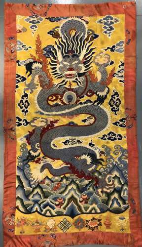 Large Chinese Silk Embroidered Panel Dragon