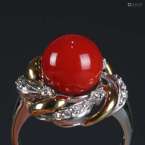 18K Natural AKA Red Coral and Diamond Ring