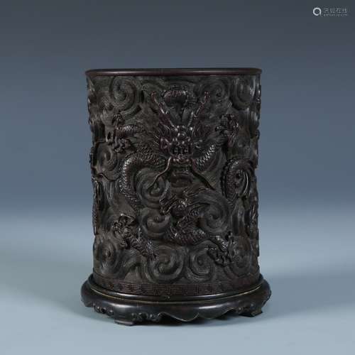 A Finely Carved Zitan 'Dragon' Brush Pot