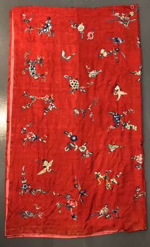 Chinese Red Silk Embroidered Wall Hanging, Circa 1880's