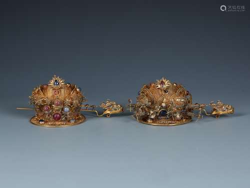 Pair of Gilt Silver Filigree Inlaid Headdress