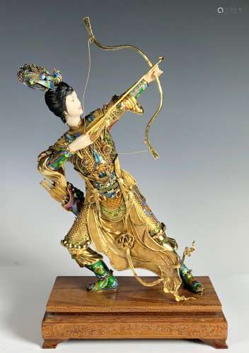Chinese Women Archer Gilt Silver on Wood Base