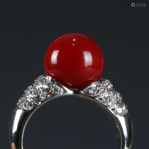 18K Natural AKA Red Coral and Diamond Ring