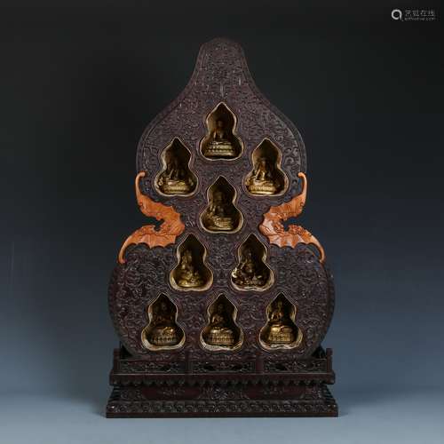 Zitan Wood Double Gourd Buddha with Figures