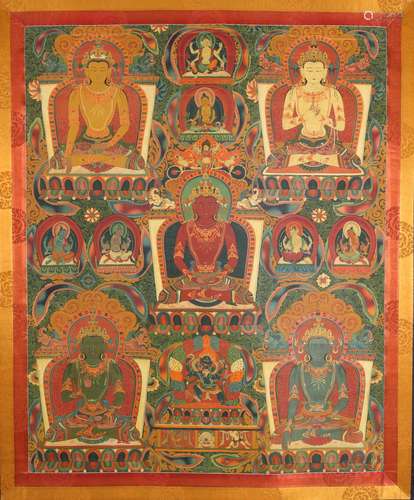 Tibetan Thangka Depicting Five Buddhas