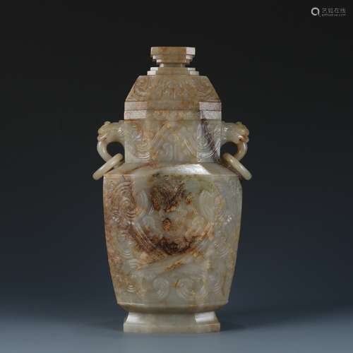 A Large Celadon Jade Archaistic Vase and Cover