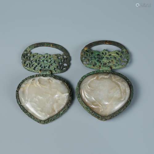 Pair of Gilt Bronze and White Jade Belt Buckle