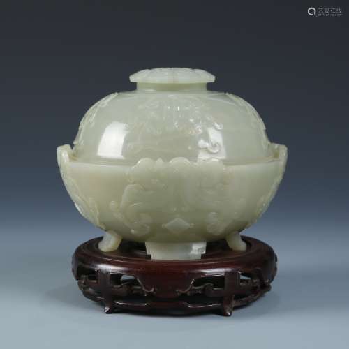 Carved White Jade Bowl with Cover