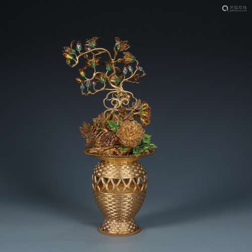 Gilt Silver Filigree Inlaid Flower Basket