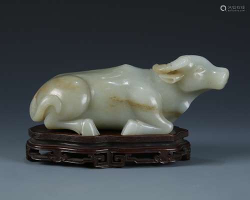 Carved White Jade Cow on wood base