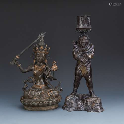 Estate Sale: Gilt Bronze Figure of Manjushri & Guardian