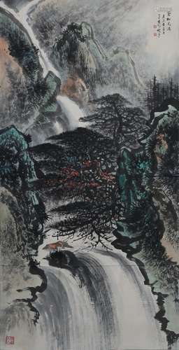 LI XIONGCAI: 'Pine Trees By Waterfall' Hanging Scroll