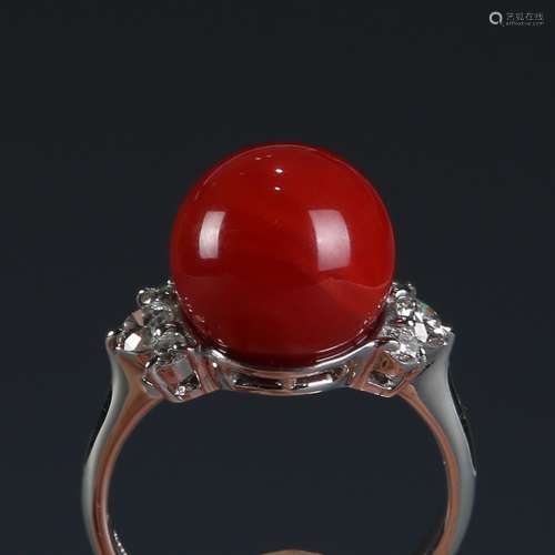 18K Natural AKA Red Coral and Diamond Ring