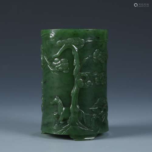 A Carved Spinach Jade Brush Pot