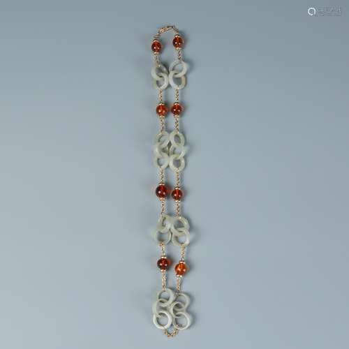 18K Jade Necklace of Rings with Amber Beads