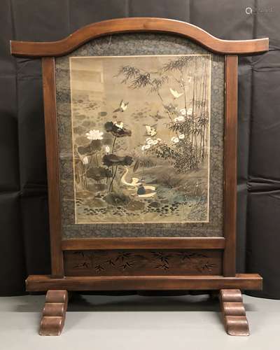 Silk and Embroidered Textile in Heavy Wood Frame