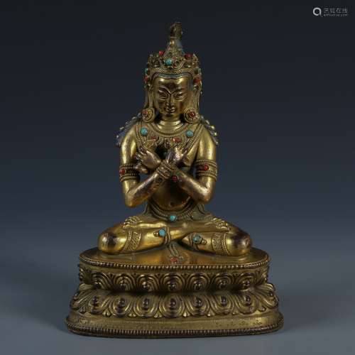 Gilt Bronze Figure of Tara with Stone Inlay