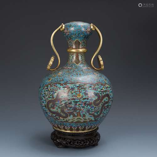 Cloisonne Enamel Vase and wood base with mark