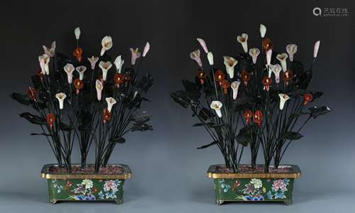 Pair Cloisonne Enamel Bronze miniascape  Garden