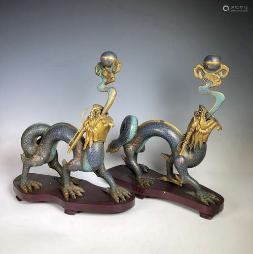 Pair Of Chinese Qing Dynasty Cloisonné Dragons