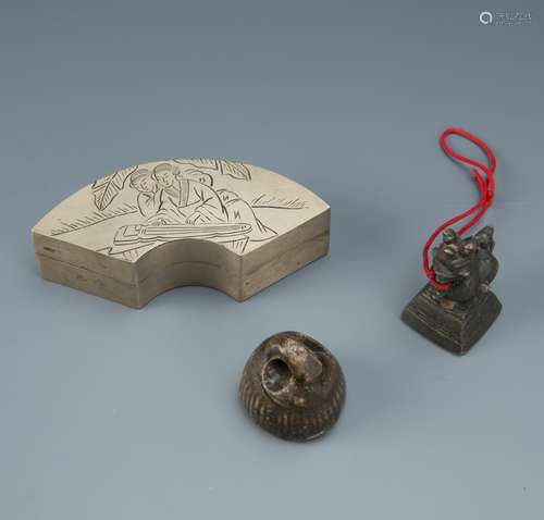 Estate Sale: 3pc Ink Box Carved Weight & Dragon Seal