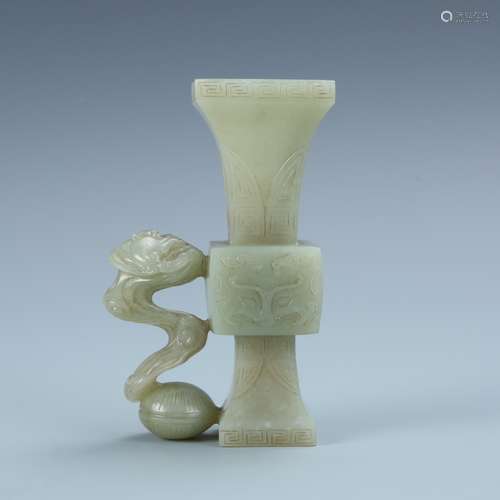 Carved White Jade Taotie Beaker Vase