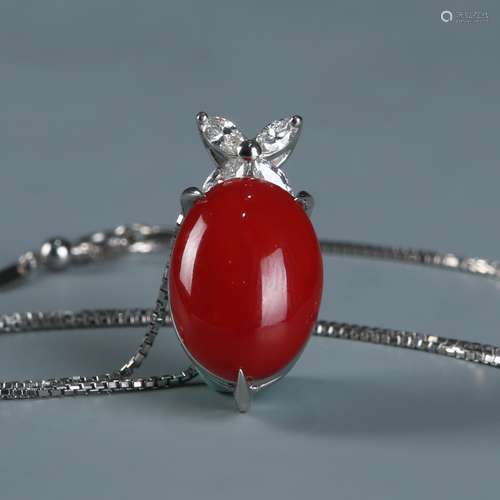 18K Natural AKA Red Coral and Diamond Necklace