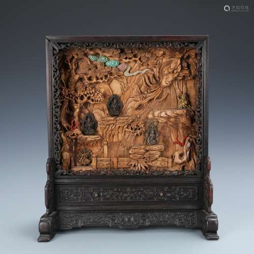 Inscribed Zitan Boxwood Table Screen w/ Imperial Poem