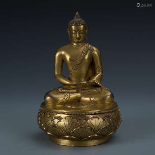 Rare Gilt Bronze Seated Buddha on a Rounded Lotus Base