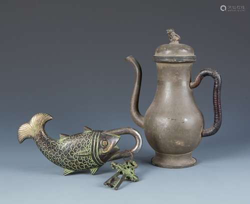 Estate Sale: 2pc Set Bronze Fish Lock & Pewter Tea Pot