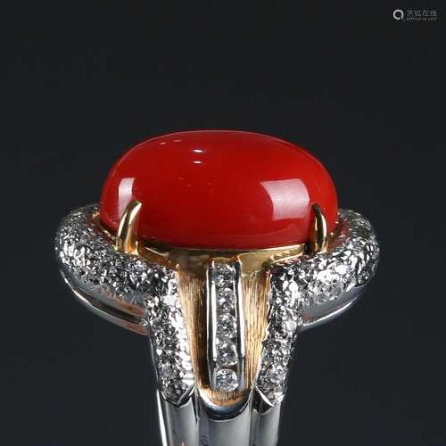 18K Natural AKA Red Coral and Diamond Ring