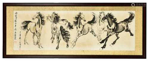 XU BEIHONG: FRAMED INK ON PAPER PAINTING 'SIX HORSES'