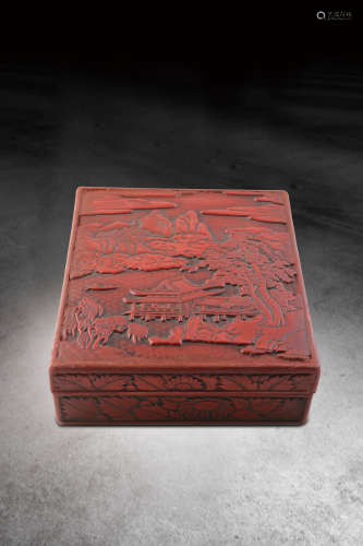 清 剔紅山水紋方盒