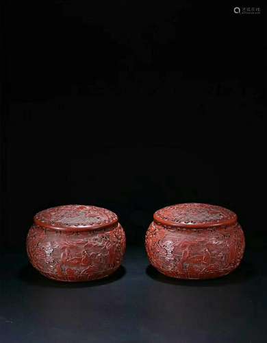 Qianlong Mark, A Pair of Red Lacquer Boxes